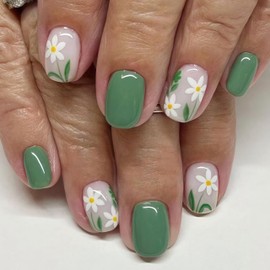 24pcs Light Green Flower Press On Nails Short Square Flower Fake Nails Spring Summer Green Cute Daisies False Nails White Flowers Designs Glue on Nails for Women Girls DIY Manicure Decoration