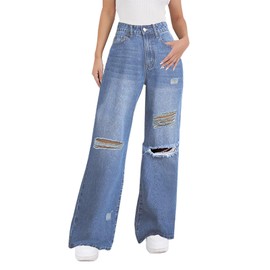 DLAYBGFA Distressed Wide Leg Jeans for Women High Waisted Loose Ripped Boyfriend Jeans Y2K Stretch Denim Pants(Light Blue,XXL)