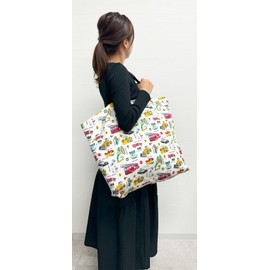 miwaki Tote Bag with Gusset, Large Capacity, Nursery School, Lightweight, Sub Bag, Large Size, Mothers Bag, Boys and Girls, Made in Japan, Handmade with Name Tag, Motif Bag-mom, Working Car, White