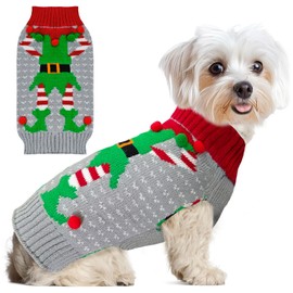 ABRRLO Dog Christmas Sweater Cute Grey Elf Clown Xmas Dog Cat Outfit New Year Holiday Costumes Puppy Cat Sweater with Leash Hole for Small Medium Large Dogs Girl Boy Turtleneck Winter Warm Pet Clothes