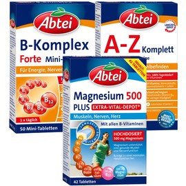 Abtei Vitamine & Mineralstoff Trio – 3er Set – Abtei A-Z Komplett, Abtei B-Komplex Forte, Abtei Magnesium 500 Plus – Für Wohlbefinden und Vitalität