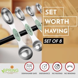 Spring Chef Magnetic Measuring Spoons Set, Dual Sided, Stainless Steel, Fits in Spice Jars, Pistachio, Set of 8