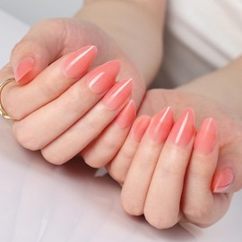 Artquee Press on Nails Clear Pink Coral Glossy Short Almond Fake Nails Tips Reusable Artificial False Nails 15 Sizes - 30 Nail Kit