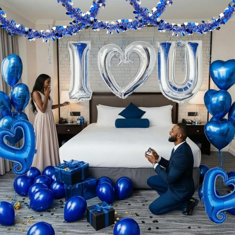 Riceshoot 33 ft Valentines Heart Tinsel Garland Glitter Blue Silver