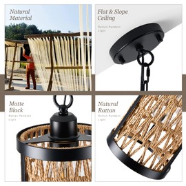 ASLAINY Rattan Pendant Lights Kitchen Island, 2 Pack Farmhouse Wicker Woven Pendant Light Fixtures with Chain, Black Industrial Boho Hanging Lighting for Kitchen Sink Dining Room, PE9501BK-BR-2PK