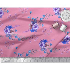 Soimoi Pink Velvet Fabric Leaves & Periwinkle Floral Printed Craft Fabric BTY 58 Inch Wide