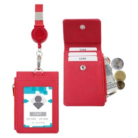 Porta gafete con Cordón de cuello desmontable Soporte para insignia con 1 ventana de identificación transparente, 4 ranuras para tarjetas, 1 bolsillo lateral, yoyo para gafete retráctil(Rojo)
