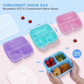 Vantuofu Bento Box Adult Lunch Box, 4 Pack, 3 Compartment Meal Prep Container for Kids, Snackle Box Container Reusable Food Storage for School, Work, and Travel Green Blue Pink Purple