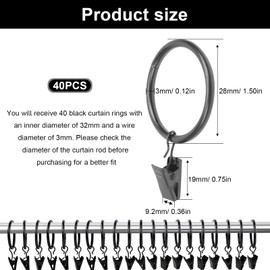 LINTRA 40 Stück Gardinenringe mit Clips, 32 mm Innendurchmesser Vorhangringe, Schwarz Gardinen Ringe, Vorhang Klammern, mit Clip, für Esszimmer, Küche, Schlafzimmer