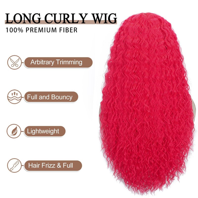 Curly Wig for Women, Hot Pink Wig, 26 inch, Synthetic