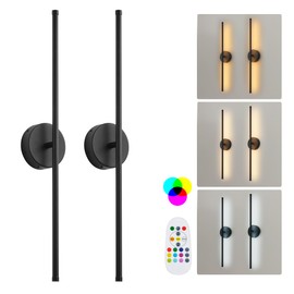 KARTOOSH Battery Operated Wall Sconces Set of Two, with Remote Control, Dimmable, Warm White/Natural White/Daylight/RGB, 350°Rotate, LED Black Wireless Wall Light for Living Room, Bedroom, 24.4 Inch