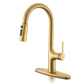 FROPO Gold Kitchen Faucets, Brushed Gold Kitchen Faucet with Pull Down Sprayer, Modern High Arc Brass Kitchen Sink Faucet, Stainless Steel Farmhouse Faucet for Kitchen Sink, Bar, RV,1 or 3 Hole
