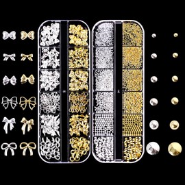 Gold Silver 3D Nail Charms with Elegant Bow & Studs, Premium Alloy Nail Gems for Art, 2 Boxes Flat Back Rhinestones Accessories for DIY Decorations
