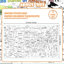 US Map Coloring Poster for Kids - 54 x 33 Inches Giant United States Coloring Map Large Paper Coloring Tablecloth for Children to Learn US States Art Drawing Table Home Classroom Activity