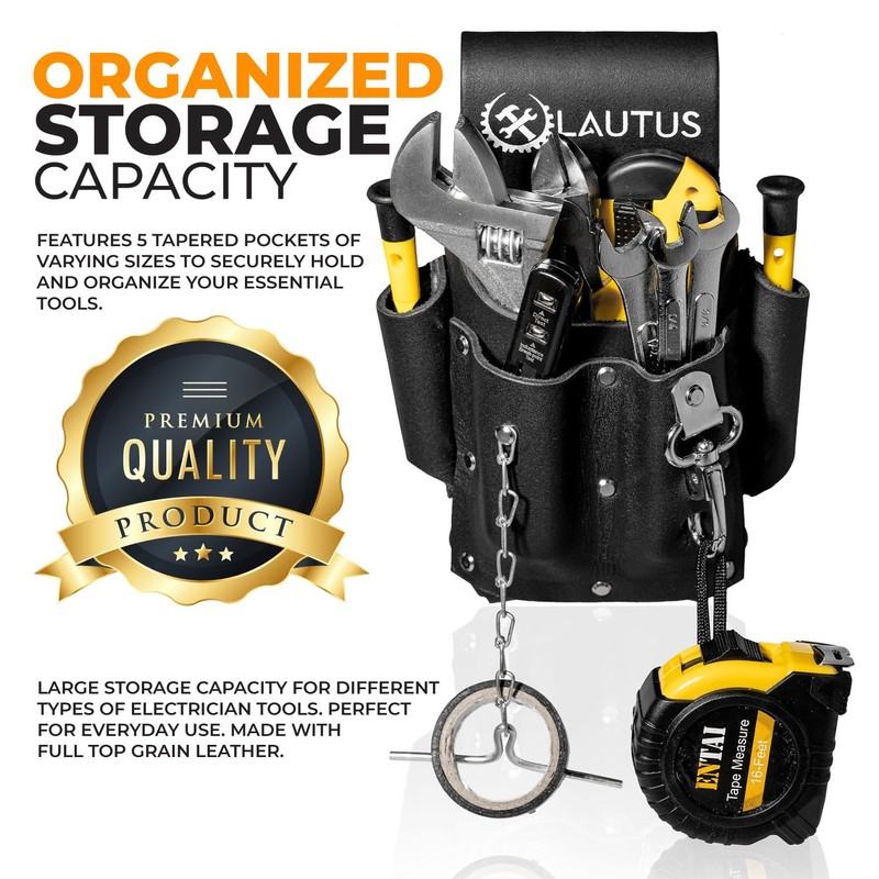 LAUTUS Electrician Full Top Grain Leather Tool Pouch; 5 Pocket