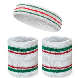 COUVER Premium Tennis Style Standard Size Sweatband Headband Wristbands Set - White/Green/Red Lines