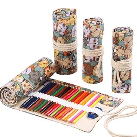DIYOMR Funda enrollable de 24/36/72 ranuras para lápices de colores, estuche para artista, pinceles cortos, dibujo y bocetos, SIN LÁPICES (Gatito, 24 ranuras)