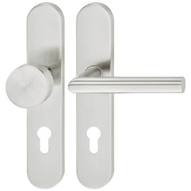 JUVA Designer Door Handle Stainless Steel Door Fitting Door Knob Handle Set with Long Plate for Room Doors – Change Fitting Right – With Knob – Includes Screws – Door Handles Interior Doors