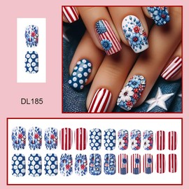 4th of July Press on Nails Medium Independence Day Fake Nails Patriotic False Nail Tips Square Shape Acrylic Nails Flower Stripe Design Glossy Stick on Nails Cute Glue on Nails for Women