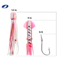 OCEAN CAT Saltwater Trolling Lures Bird Teaser for Saltwater Fishing Rigged with Hook for Wahoo Tuna Mahi Dolphin Sailfish Marlin (#035-Green, 9"+12"+9/0)