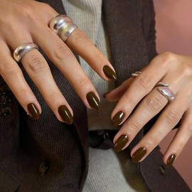 Dark Brown Fall Press on Nails, KQueenest Acrylic Press on Nails Short Oval, Glossy Fake Nails Press ons for Women, Short Almond Glue on Nails Natural, Season of Color Press on Gel Nails, 24 Pcs