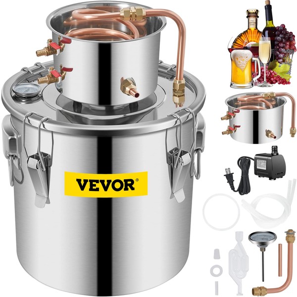 VEVOR Alcohol Still 8Gal/30L Alcohol Distiller Stainless Steel Distillery Kit for Alcohol With Copper Tube & Pump Home Brewing Kit Build-in Thermometer for DIY Whisky Wine Brandy