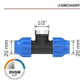 Kirchhoff Fitting T-piece with internal thread, plastic 1/2 inch x 20 mm, for HDPE pipe, 5 pieces in a set, various sizes, DVGW tested, drinking water quality, made in the EU, black, 984844417-5