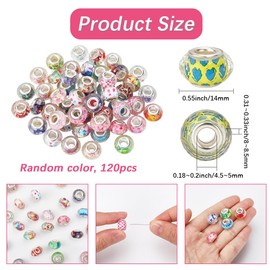 SOFPLATE 120Pcs Resin Rondelle Beads Large Hole European Lampwork Beads 14mm Colorful Faceted Loose Spacer Charms with Silver Brass Cores for Bracelets Necklace Keychains Pens Crafts Jewellery Making