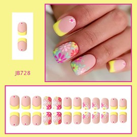 24Pcs Flower Press on Nails Short Square Fake Nails Colorful Cute Floral Designs Matte Full Cover Glue on Nail Spring Summer Artificial Nails Yellow French Tip False Nails for Women Girls Acrylic Nail