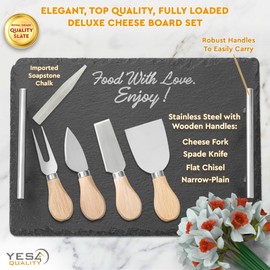 Slate Cheese Board Set w/Easy Carry Handles (14” x 10”, Black) Natural Stone Slate Tray for Appetizer Serving; Full Deluxe Cheeseboard Platter w/ 3 Knives, 1 Fork & 2 Soapstone Chalks by Yes4Quality
