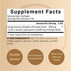 Ginger Root with MCT Oil – 6,000mg Equivalent – 300 Softgels | Highly Bioavailable | 20:1 Root Extract | Herbal Supplements for Digestive Health & Occasional Bloating | Non-GMO, Gluten Free