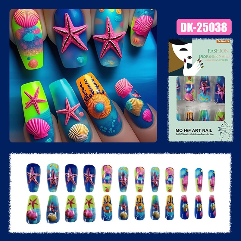 Shell Starfish Press on Nails Long Colorful Shell Pattern Design