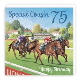 Hunts England - 75th Cousin Horse Racing Birthday Card - Milo's Gallery - Age 75 Sport Fun Birthday Card For Cousin - For 75 Year Old Horse Racing Fan - Age Seventy Five