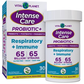 Vital Planet - Intense Care Respiratory and Immune Probiotic Lung Support Supplement with Organic Prebiotics, Postbiotics, and Parabiotics, Lactobacillus Rhamnosus, 65 Billion CFU, 65 Strains, 30 Ct