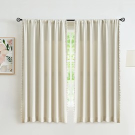 Pom Pom Curtains for Living Room 63 inch Natural Thermal Insulated Room Darkening Curtain Panels for Bedroom Window Drapes Nursery Kids Guest Room Hotel Ivory 52" w x2 Panels Rod Pocket