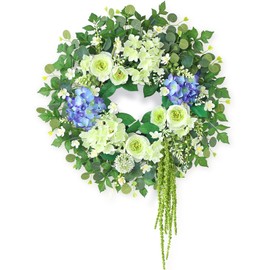 26" Hydrangea & Eucalyptus Wreath for Front Door, Porch, Window - Large Artificial Silk Flowers Outdoor Wreath for Home, Farmhouse, Wedding Decor - Spring, Summer, All Seasons (White&Purple)