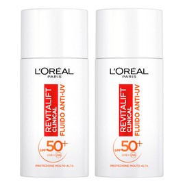 L'Oréal Paris Revitalift Clinical Anti-UV Gesichtsflüssigkeit SPF 50+ Sonnenschutz mit Netlock Technologie Formel mit Vitamin C Antioxidant und Anti-Aging-Wirkung Ultraleicht - 2 Flaschen à 50 ml