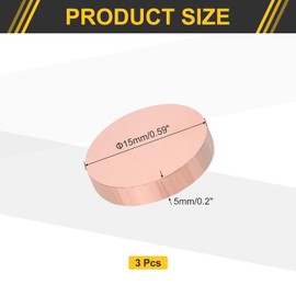 sourcing map 3Pcs Copper Round Plate, 0.2"(5mm) Thick 0.6"(15mm) Dia Pure Copper Metal Sheet T2 Copper Round Disc Brass Circle Gaskets for Metal Stamping DIY Crafts
