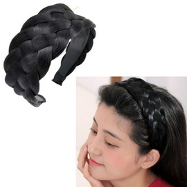Black Wig Braided Headbands for Women 5 Strands Synthetic Wide Hair Bands Braid Headband for Women Girls Non Slip Braided Head Band Chunky Hair Hoop Bands Braids Headbands