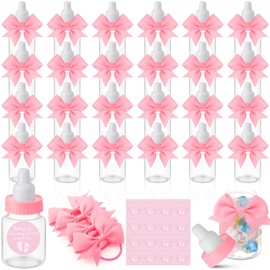 Teenyyou 24 Sets 3.5 Inch Pink Mini Baby Bottles for Baby Shower Party Favor Game Plastic Milk Bottles with Thank You Showering Stickers and Bows Baby Shower Thank You Gifts for Guests Candy Decor
