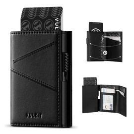 VULKIT Trifold Pop Up Men Wallet Leather RFID Blocking Credit Card Holder Metal Card Case, Hold 10 Cards and Bills