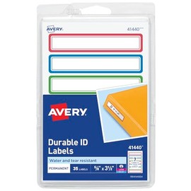 Avery Durable Labels for Kids' Gear, 5/8" x 3-1/2", Assorted Border Colors, Water-Resistant Labels, 35 Total (41440)