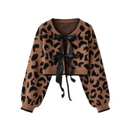 BEAUDRM Women's Y2k Leopard Print Sweater Cardigans Bow Tie Front Crop Knit Cardigans Long Sleeve Crew Neck Cheetah Sweater Brown X-Large