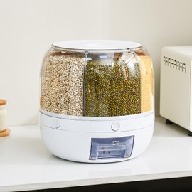 UFORU Rice Dispenser | 360° Rotating Grain Storage Bin - 6 Grids, 20LBS Large Capacity Food Container, Moisture-Proof, One-Click Output for Rice, Beans & Pet Food - Kitchen Pantry Organizer