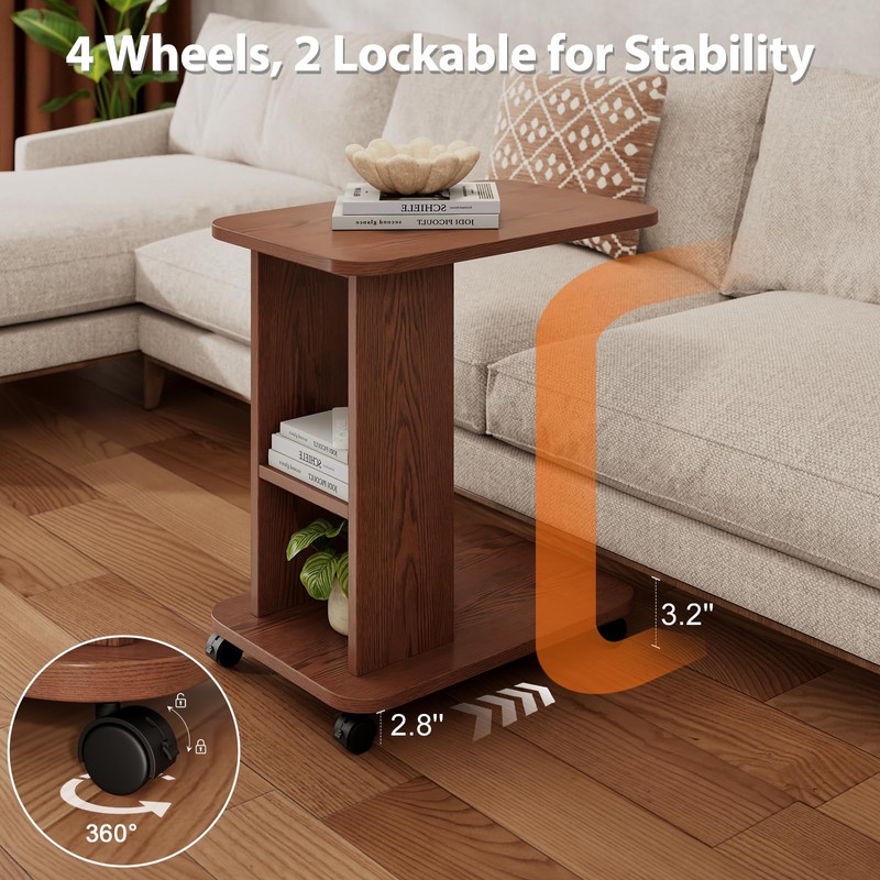 YQJJGL 3-Tier C-Shaped End Table with Storage and 2 Locking