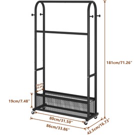 MOYIPIN Double Rods Clothing Rack with Wheels,Clothing Organizer for Hanging Clothes Coat Scarves Bags,Multi-functional Bedroom Garment Rack,4 Hooks,Black