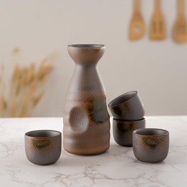 Hinomaru Collection Reactive Glaze Japanese Sake Set Tokkuri 10 fl oz Bottle with Four Sake Ochoko Cups 2 fl oz Drinkware (Brown Earthenware)