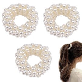 3 PCS Pearl Hair Ties Small Elastic Scrunchie Stretch Ponytail Holders Beaded Mini Stretchy Hair Bands Elegant Stylish Bead Hair Rope Fancy Anti Slip Hair Accessories for Women Girls （White ）