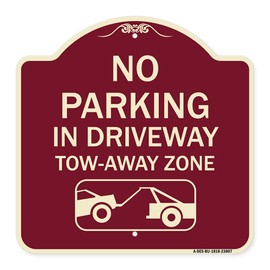 SignMission Designer Series Sign - No Parking - in Driveway, Tow Away Zone (with Graphic) | Burgundy 18" X 18" Heavy-Gauge Aluminum Architectural Sign | Made in The USA