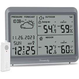 DreamSky Weather Station Indoor Outdoor Thermometer Wireless - Atomic Clock with Indoor/Outdoor Temp, Date & Day, Battery Powered, Home Weather Forecast Clock with Inside Outside Temperature Humidity